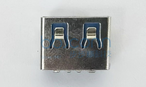 USB2.0 AF90度短体L=10.0 H=6.3 SMT前两脚插平口铜壳 4P大电流 端子脚长1.0MM镀金3u,PA9T蓝胶（287C）