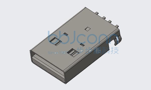 USB 2.0 公头 弯角沉板2.5 端子（SMT） 带柱 L=18.75 平口 铁壳 LCP黑胶