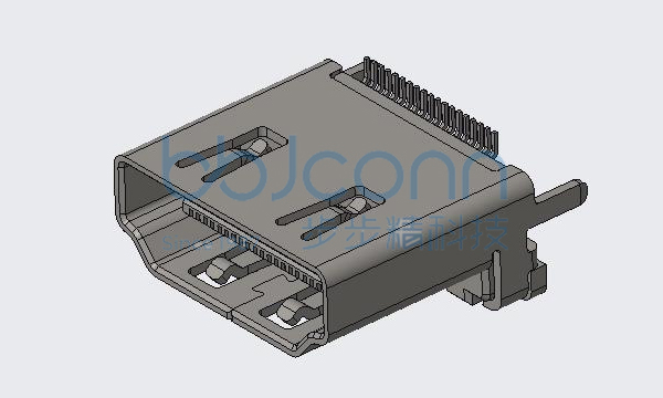 HDMI AF 19PIN 立贴式 SMT 三脚插板 H=13.00mm 带防尘盖 180度 SMT 铜壳