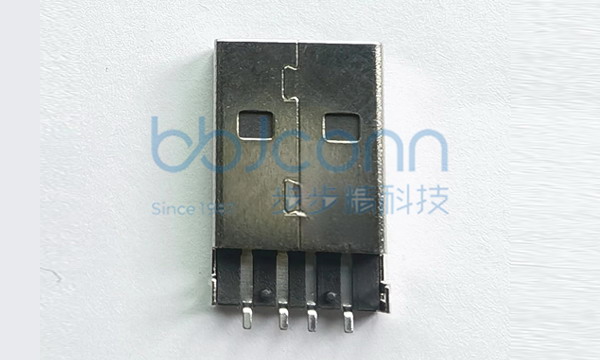 USB 2.0 公头 180度 卧式弯脚 L=18.75 沉板2.5 （端子SMT）带柱 平口 LCP黑胶 铜壳