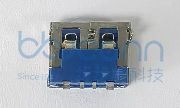 USB2.0 AF90度短体L=10.0 H=6.3 SMT前两脚插 平口 铜壳 4P大电流（5A） 端子（C7025）脚长1.0MM镀金3u,蓝色PA9T（287C））