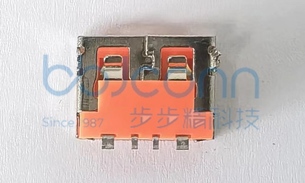 USB2.0 AF90度短体L=10.0 H=6.3 SMT前两脚插平口铜壳 4P大电流5A 端子脚长1.0MM镀金3U,PA9T橙胶（1505C）