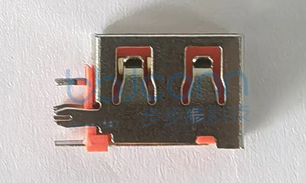 USB 2.0 母座 侧插 短体L=10.0 平口直边 O型脚 铁壳 PBT橙胶（色号1505C）