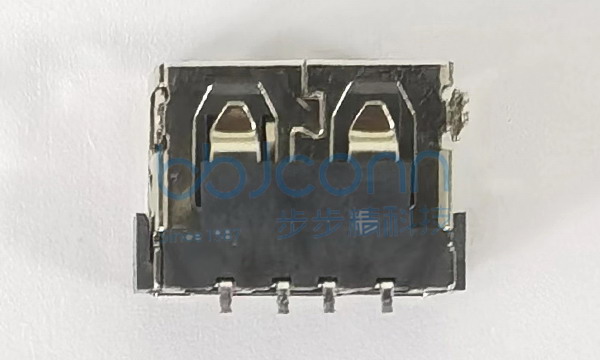 USB 2.0 AF 90度 短体L=10.0 H=6.30 前插后贴 鱼叉脚 平口 LCP黑胶 铁壳 编带