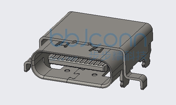 USB 4.0 TYPE-C 24P 母座 有后盖 双壳 六脚插 带柱 端子双排SMT 外壳脚长0.90 沉板0.13 L=9.17 CH=1.57 编带