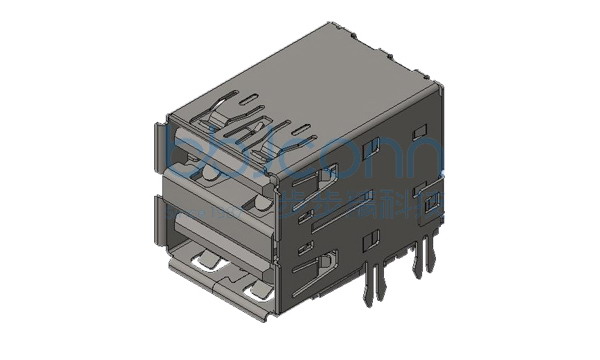 USB 3.1 AF 10Gbps 90度 双层母座 带后盖 L=19.64 H=15.44 DIP 四鱼叉脚 PA9T黑胶 卷边 不锈钢外壳 端子镀金30u 编带
