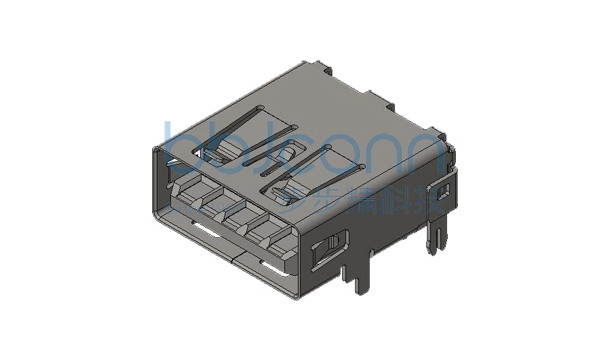 USB 3.1 Gen1 5G AF 90度 反向 四脚DIP 后鱼叉脚 端子DIP L=13.9 CH=3.4 平口 PA9T蓝胶 不锈钢外壳 编带