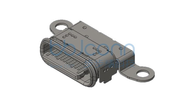 TYPE-C 24P 防水母座 板上四脚插 带柱 L=8.65 CH=1.50 舌片外露1.15 带锁板 端子双排SMT IPX4 编带