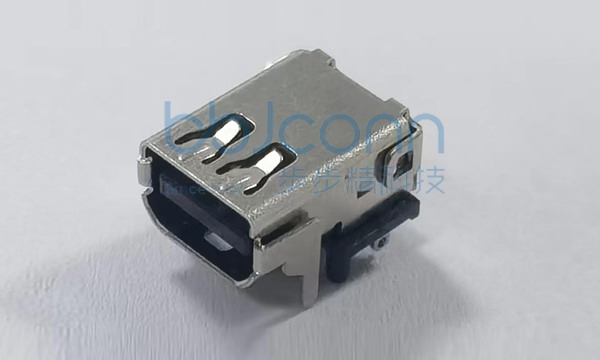 Mini DP 母座 20P 90度 板上四脚插 带柱 L=11.80 CH=3.20 端子SMT+DIP 平口 LCP黑胶 铜壳
