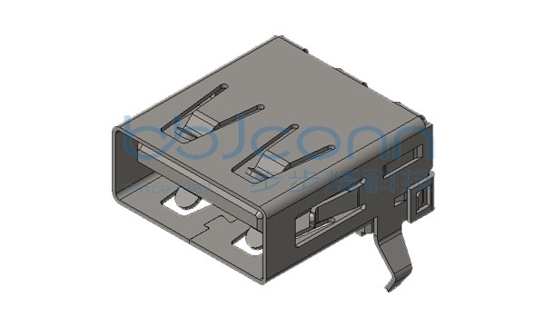 USB 2.0 AF 90度 L=14.10 H=6.90 有盖 后两脚弯插 脚距15.60 端子DIP 平口 LCP黑胶 铁壳