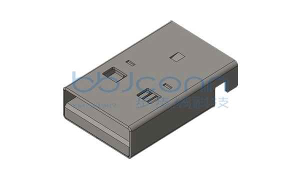 USB 2.0 公头 180度 卧式直脚 L=18.75 沉板2.6 无柱 端子SMT 平口 LCP灰胶 铁壳