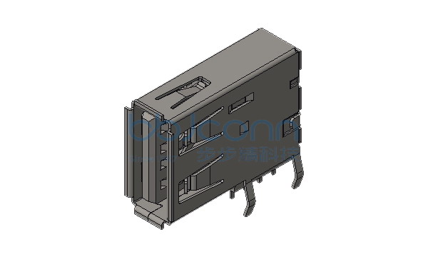 USB 2.0 AF 侧插长体 L=19.40 H=13.85 弯脚 脚距6.80 端子DIP 卷边 PBT黑胶 铜壳