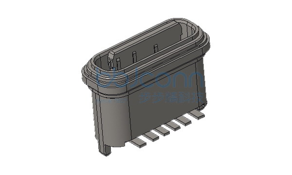 TYPE-C 6P 防水母座 直立式 外壳两脚贴 端子SMT 舌片外露0.75 带柱 H=6.48 锌合金外壳 带中夹片 IPX7 编带
