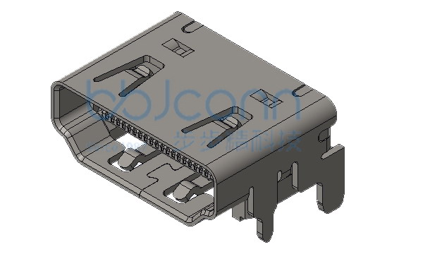 HDMI 19P A型 母座 L=11.60 板上四脚插 平口 铜壳镀镍 带凸点 端子SMT 内腔印字 热封编带