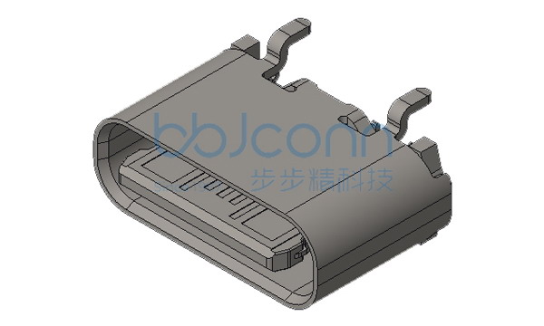TYPE-C 母座 16P 直立式 四脚插 端子SMT 带柱 舌片外露0.48 H=5.60 不锈钢外壳 PA9T黑胶 加盖编带