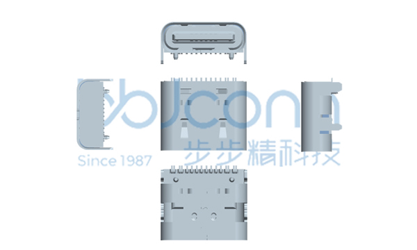 TYPE-C 16P 母座 L=7.35 CH=1.68 板上一体式 带柱 四铆点 5A 外壳带弹 高导铜端子 端子SMT 镀金3u 编带