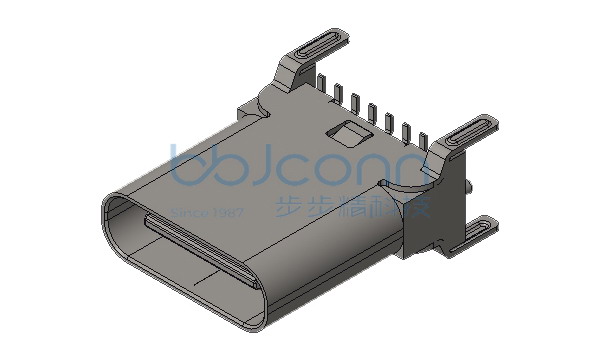 TYPE-C 母座 16P 立贴 四脚插 SMT 端子C7025  H=10.5 带柱 不锈钢外壳 LCP黑色 编带（新结构）