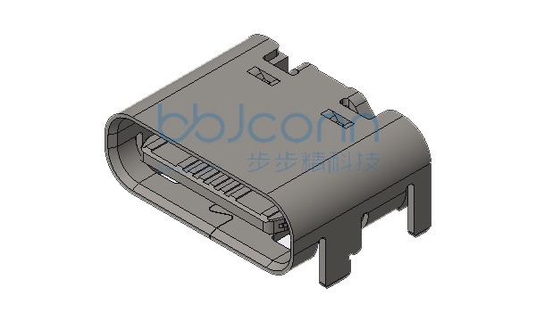 TYPE-C 16P 母座 板上四脚插 SMT 端子C2680 镀金G-F 外壳不锈钢304 PA46黑胶 L=6.50 CH=1.68 脚长0.8mm 编带