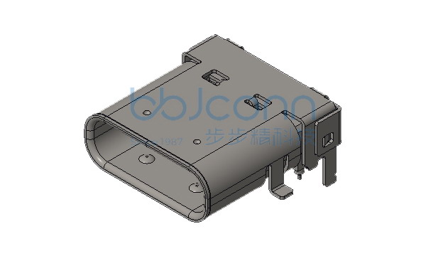 TYPE-C 母座 24P 板上型 双壳 外壳前两脚SMT后两脚DIP 端子DIP+SMT L=10.0 带柱 端子SMT加长0.30 镀金1U 不锈钢外壳 LCP黑胶 编带