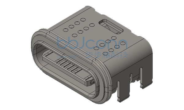 TYPE-C 16P 防水母座 L=7.35 CH=2.03 舌片外漏0.10 板上四脚插 带柱 IPX6 带防水圈