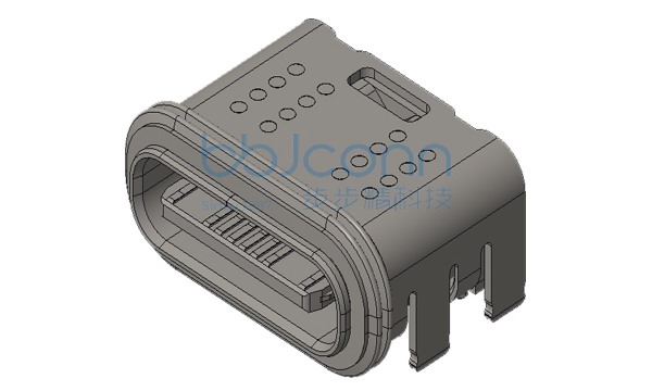 TYPE-C 16P 防水母座 L=7.35 CH=2.03 舌片外漏0.10 板上四脚插 带柱 端子SMT IPX4 编带