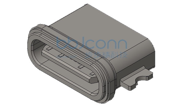 TYPE-C 16P 防水母座 两脚贴 端子SMT 沉板0.8 带中夹片 L=6.7 CH=0.77 锌合金外壳 PA9T黑胶 红色防水圈 IPX7 编带