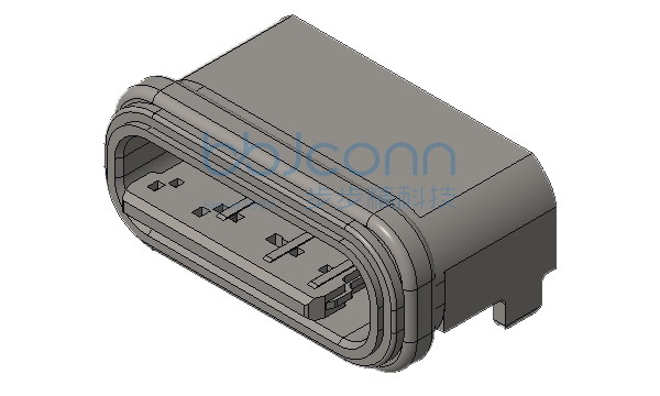 TYPE-C 6P 防水母座 板上后两脚插  端子SMT 带柱 舌片外漏0.95 L=5.7 CH=1.64 粉末冶金 LCP黑胶 IPX7 编带