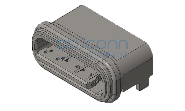 TYPE-C 6P 防水母座 板上两脚插 带柱 L=5.70 舌片外露0.95 端子SMT 锌合金外壳 IPX7 编带