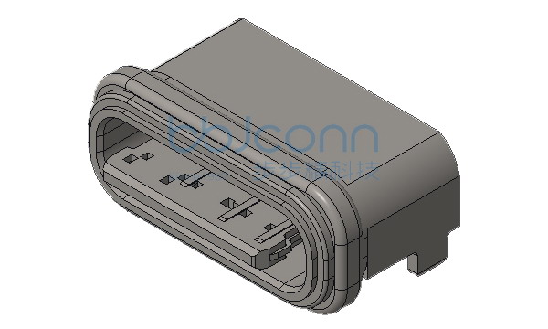 TYPE-C 6P 防水母座 板上型 后两脚插 带柱 舌片外漏0.95 L=6.65 CH1.64 粉末冶金 端子SMT IPX7