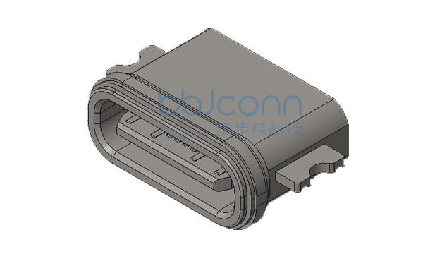 TYPE-C 16P 防水母座 两脚贴 端子SMT 沉板1.6 带中夹片 L=6.75 锌合金外壳 PA9T黑胶 红色防水圈 IPX7 编带