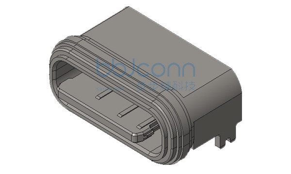 TYPE-C 6P 防水母座 90度 外壳两脚插 端子SMT 舌片外露0.95 带柱 L=5.7 锌合金外壳 带中夹片 红色防水圈 IPX8 编带