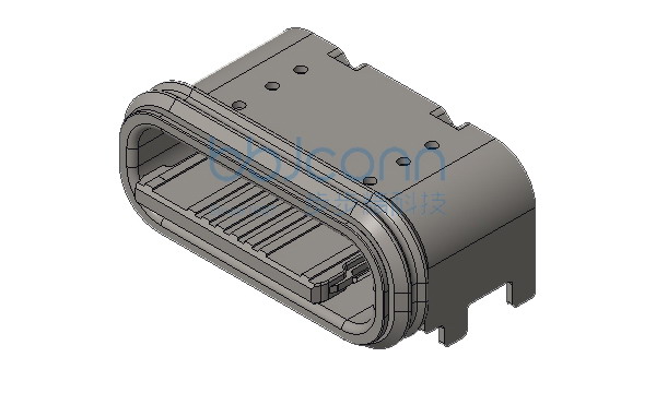 TYPE-C 16P 防水母座 四脚插 端子SMT 舌片外露0.98 带中夹片 PA9T黑 带拉伸EMI L=5.4 IPX5 编带